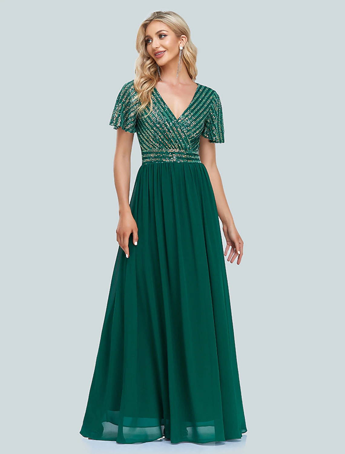 A-Linie Meerjungfrau/Trompete Abendkleid Elegantes Kleid Weihnachten Bodenlang Kurzarm V-Ausschnitt Pailletten mit Pailletten